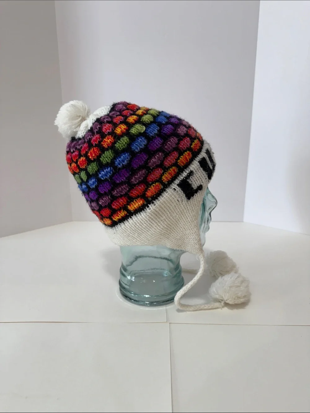 CUSCO Colorful Knit Earflap Beanie with Pom Poms